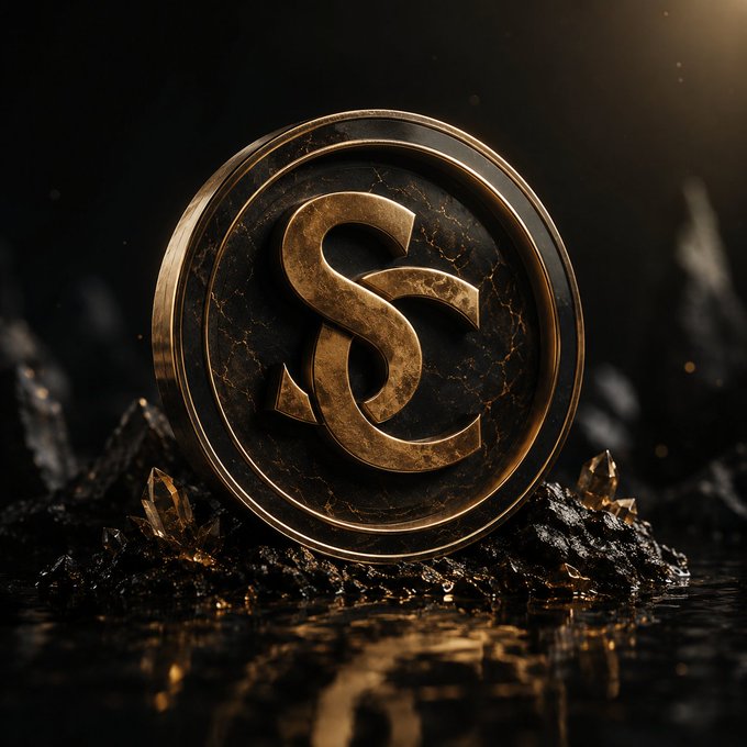 The image features a gold-colored coin with the letters "S" and "C" prominently displayed, surrounded by rocks of various sizes. The background appears to be black, which contrasts with the golden hue of the coin and emphasizes its presence. The caption above the image reads, "SC is not being built for short-term excitement, but for long-term value. A secure foundation, a strong community, and continuously evolving features... We'll be sharing much more very soon." This suggests that the coin may have some significance or value beyond its material worth, possibly related to the cryptocurrency or blockchain industry.