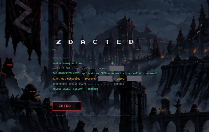 A dark, atmospheric video game start screen titled "ZDACTED" displays terminal-style initialization text like "initialising archive" and "ACCESS LEVEL: VISITOR — prozeed," with a red "ENTER ↵" button overlaid on a pixel-art landscape of a dark castle.