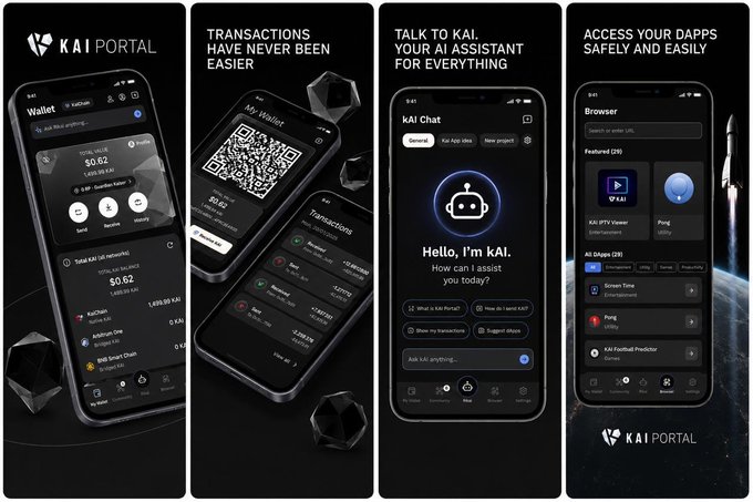 The image features four cell phones displayed side by side, each showcasing a different app from the KAI Portal beta invite list. The apps include wallet, transactions, kAI assistant, and dApps access. The phones are arranged vertically with their screens facing upwards, allowing for easy comparison of the various apps available on the devices.