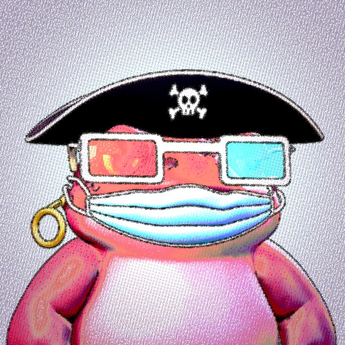 A digital illustration of a pink character wearing a black pirate hat with a skull logo, blue-tinted 3D glasses, and a face mask.