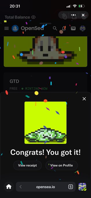 A mobile screenshot of the OpenSea platform showing a "Congrats! You got it!" confirmation for minting a pixelated mushroom NFT from the "GTD" collection (FREE/MINTING NOW), with confetti animations overlaid on the screen. The image illustrates the successful minting moment referenced in the caption, celebrating the free mint of a RetailShrooms NFT thanks to DumeriDao and OdufaPeter.