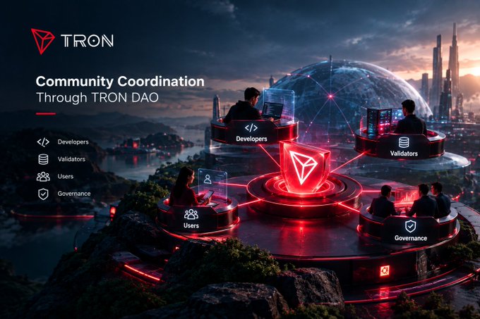 A TRON promotional graphic titled 'Community Coordination Through TRON DAO' depicting people connected to a central glowing TRON logo via holographic interfaces representing 'Developers', 'Validators', 'Users', and 'Governance'.