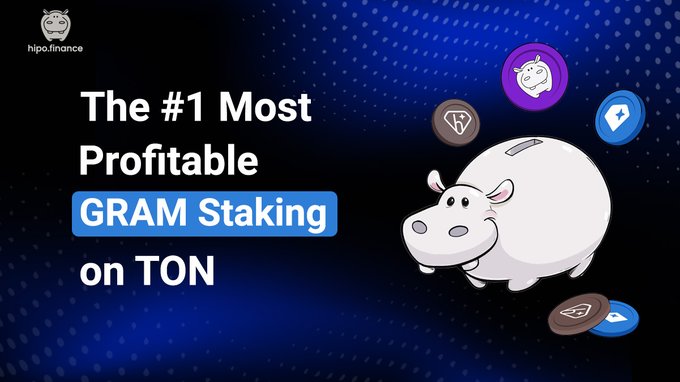 The image features a cartoon white hippopotamus standing on its hind legs, surrounded by various coins placed around it. The text below the image reads "Hipo Renames hTON to hGRAM: A New Chapter for GRAM Staking on TON Current APY: 20.14% We're still returning 100% of staking rewards to GRAM stakers. Discover why Hipo is becoming a leading choice for GRAM staking on TON". The image and the text are closely related, as the cartoon hippopotamus represents the coins in the image while the text explains their connection to hipo finance's GRAM Staking platform.