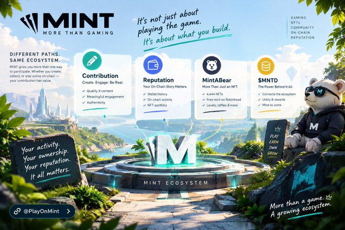 An infographic for "MINT - MORE THAN GAMING" displays the MINT Ecosystem with categories including Contribution, Reputation, MintABear, and $MNTD, featuring a panda mascot in sunglasses against a fantasy landscape background.