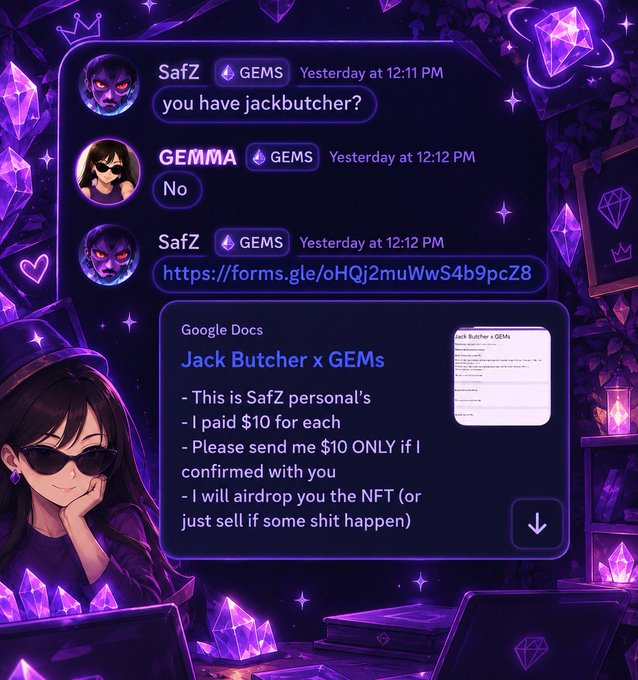 A stylized purple-themed social media screenshot showing a conversation between 'SafZ' and 'GEMMA' discussing 'jackbutcher?' NFT collaborations, with SafZ sharing a Google Forms link and a Google Doc titled 'Jack Butcher x GEMS' that reads 'This is SafZ personal's. I paid $10 for each. Please send me $10 ONLY if I confirmed with you.'