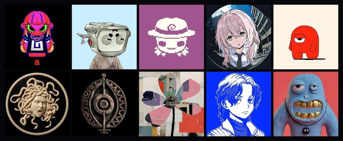 A grid of ten diverse NFT-style digital artworks, including characters like a superhero, anime figures, a Medusa relief, and various abstract portraits.