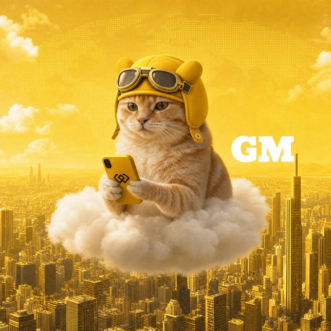 AI image of a cat wearing a yellow aviator cap and holding a phone, sitting on a cloud over a yellow-tinted cityscape with the text 'GM'.