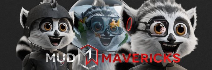 Three animated lemur characters are displayed with the text 'MUDI MAVERICKS' below them; one wears a Prussian-style helmet, another is inside a fishbowl with goldfish, and the third wears headphones and glasses.