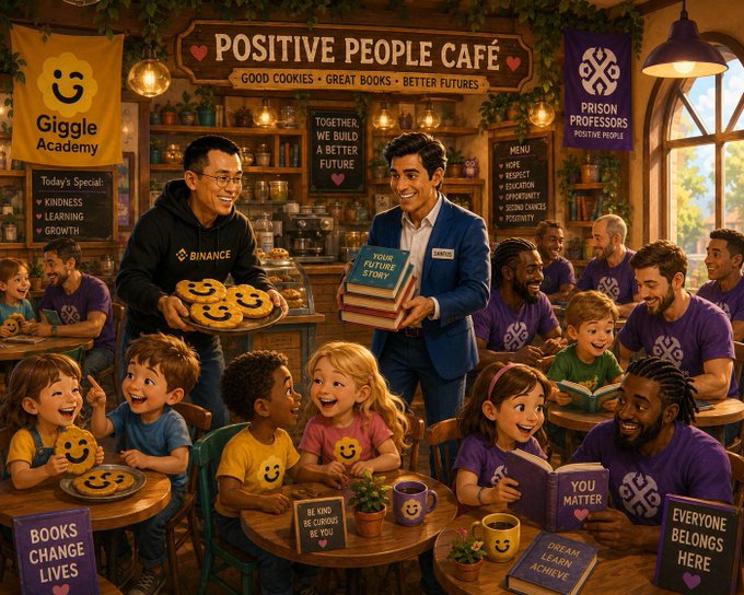 A colorful illustration of the 'Positive People Café' showing two men, one wearing a Binance hoodie and another labeled 'CZVIP' holding books, surrounded by smiling children and people reading in a warm café setting with banners for 'Giggle Academy' and 'Prison Professors'.