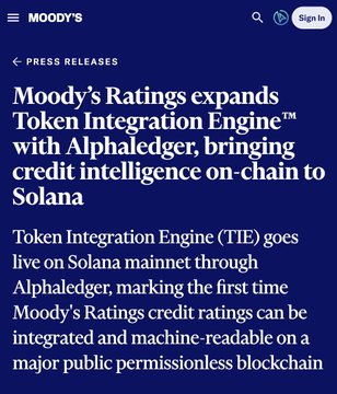 The image shows a screenshot of a webpage that contains text about Moody's Ratings expanding their token integration engine to include @Solana mainnet through @alpha_ledger, making credit ratings machine readable on a major public permissionless blockchain for the first time. The website is titled "Moody's Ratings expands token integration engine" and has a rating of 4.5 stars out of 5.