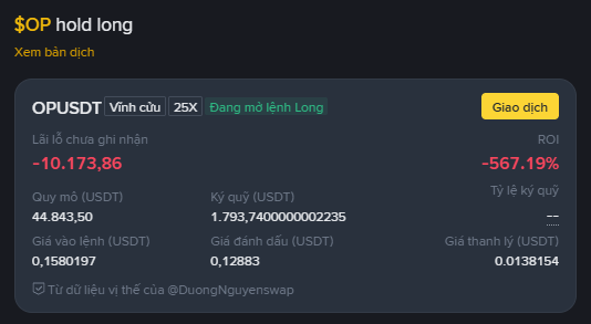 A dark crypto trading interface shows an OP/USDT long position at 25× leverage, with unrealized P&L at -10,173.86 USDT, ROI -567.19%, entry price 0.1588197, mark price 0.12883, and liquidation price 0.0138154.