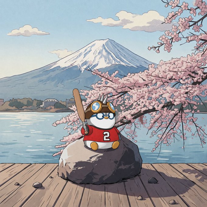 A cute cartoon penguin wearing aviator goggles and a red jersey with the number 2, holding a baseball bat and sitting on a rock in front of Mount Fuji and cherry blossoms.