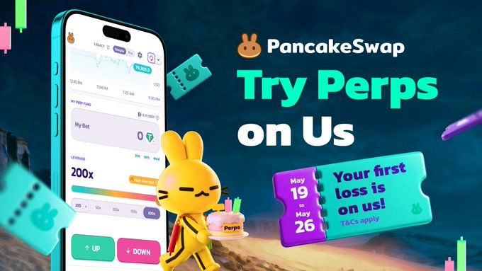 iced coffee with a yellow cup and blue lid, cartoon rabbit holding a green book, and text promoting pancakeswap try perps on us.