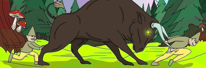 A cartoon illustration depicts a large dark boar-like creature with glowing green eyes attacking a gnome in the forest, while another gnome runs away holding a red mushroom.