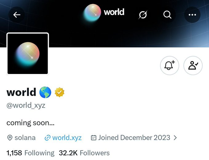 A Twitter/X profile screenshot for "world" (@world_xyz), verified with a gold checkmark, showing 32.2K followers, joined December 2023, built on Solana with a bio simply reading "coming soon..." The image illustrates the post's point about @world_xyz being a mysterious, pre-launch project with minimal public details beyond its Solana foundation and premium domain.