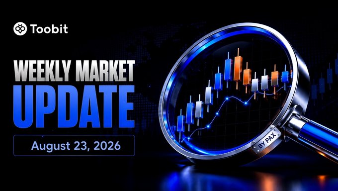A Toobit weekly market update graphic dated August 23, 2026, featuring a magnifying glass over a candlestick chart to symbolize detailed crypto analysis for Bitcoin, Ethereum, and broader market trends.