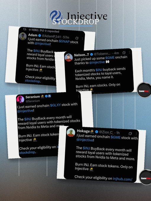 A promotional graphic for 'Injective STOCKDROP' displays several social media posts from users like Adam, Nelson_T, Seranium, and Hokage who 'earned onchain' stocks such as $SNAP, $GM, $GLXY, and $SGME by burning INJ tokens.