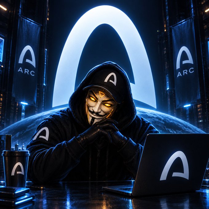 A hooded figure wearing an Anonymous mask sits at a laptop displaying the "ARC" logo, with additional ARC banners and a glowing arch in the background, evoking a sense of mystery around the newly emerging chain.