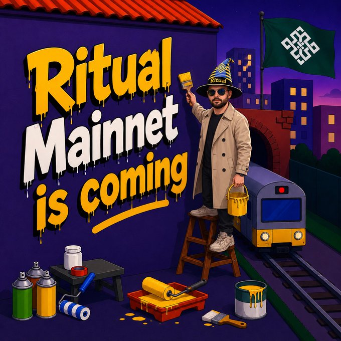 A colorful illustration showing a person on a ladder painting a wall that reads 'Ritual Mainnet is coming' in yellow and white graffiti-style lettering, with a train and city skyline in the background.