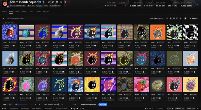A screenshot of the Adam Bomb Squad NFT collection page on OpenSea, showing a grid of digital art items featuring cartoon bombs and various character designs, with prices listed in ETH.