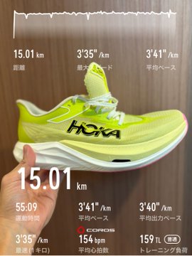 A hand holds a bright yellow-green Hoka running shoe over a workout summary screen displaying 15.01 km at a 3'41"/km average pace (154 bpm), with the post noting it as a relaxed LT1 training run during a refresh and heat acclimation month.