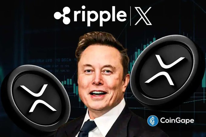 The image features Elon Musk smiling in front of a trading chart background, flanked by two large XRP cryptocurrency logos, with the "ripple | X" logo at the top and "CoinGape" branding at the bottom, visually illustrating the post's claim about Cross River Bank (a Ripple partner) powering X Money.
