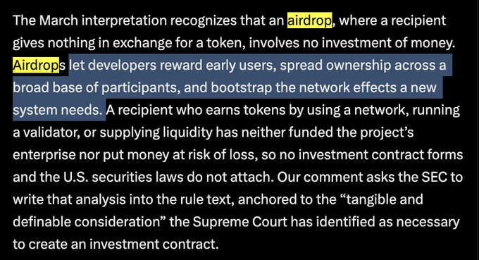 A text excerpt discussing crypto regulation, with the words 'airdrop' and 'Airdrops' highlighted in yellow, arguing that airdrops do not constitute investment contracts under securities law.