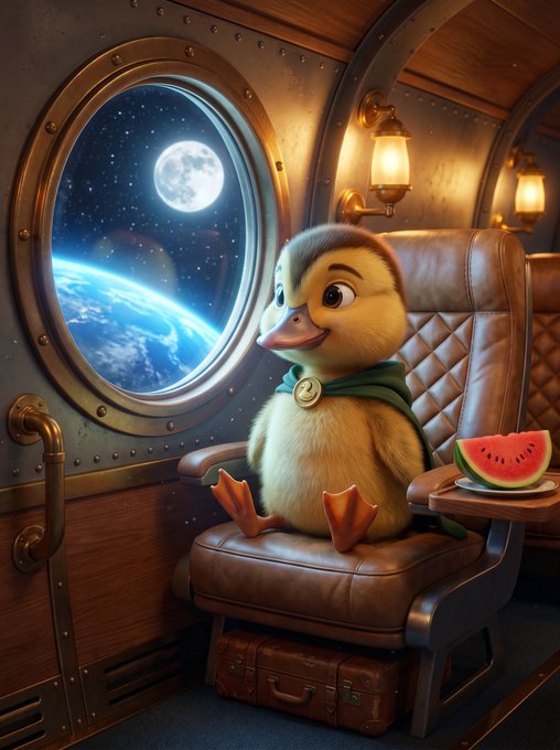 An adorable illustrated duckling wearing a green scarf sits in a plush leather seat inside a vintage spaceship, gazing out a porthole window at the moon and Earth, with a plate of watermelon on the armrest.