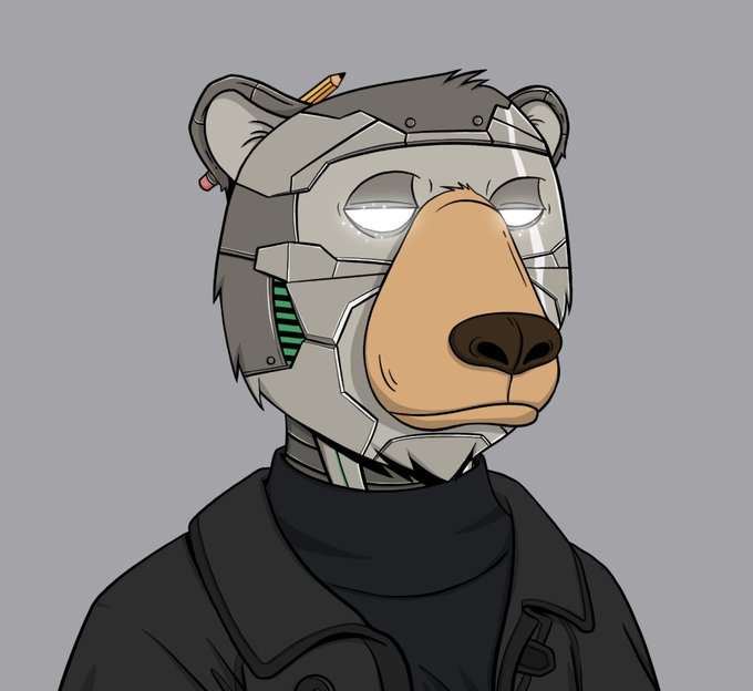 A digital illustration of a bear's head with cybernetic robotic parts, glowing white eyes, a pencil tucked behind its ear, and a black jacket, set against a gray background.