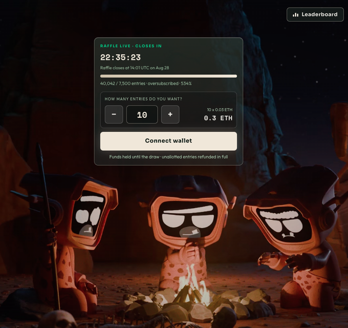 A digital raffle interface showing 'RAFFLE LIVE - CLOSES IN 22:35:23' with entry counters and a 'Connect wallet' button, overlaid on an image of three cartoon characters around a campfire.