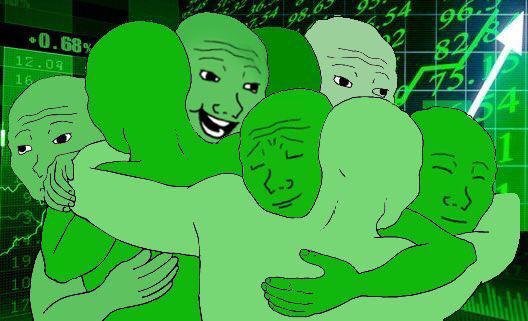 A group of green Wojak meme characters embrace each other in celebration against a background of green stock chart numbers and tickers like "98.2," "82.7," and "96.6," with an upward arrow reflecting the post's announcement that Bitcoin has returned to $80K.