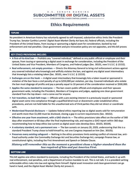 The image is an infographic from the U.S. Senate Banking Subcommittee on Digital Assets, chaired by Senator Cynthia Lummis, outlining the ethics requirements of her proposed "Digital Asset Market Clarity Act." It details provisions such as a first-of-its-kind ethics ban on presidents and their spouses from issuing or sponsoring digital assets, $250,000 daily civil penalties for violations, and conflict-of-interest safeguards, directly supporting the accompanying post's message that the updated CLARITY Act raises the bar on ethics, self-custody, and consumer protections in crypto regulation.