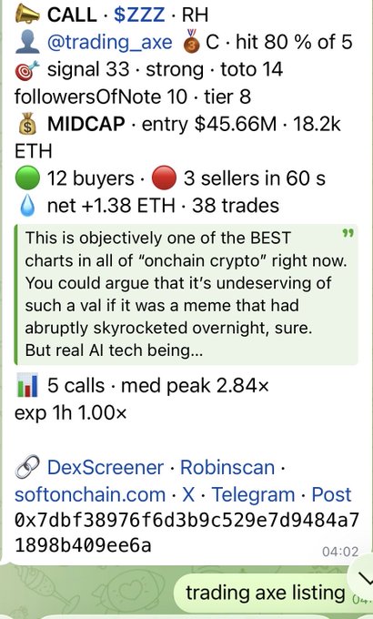 The image displays a Telegram message from @trading_axe announcing a CALL on $ZZZ (RH) that hit 80% out of 5, detailing on-chain metrics including 12 buyers, 3 sellers in 60s, and a net of +1.38 ETH across 38 trades, with a note about strong signals and 14 total signals (10 followers, tier 8). The accompanying post promotes a paid subscription service called "marmot burrow," claiming subscribers received this $ZZZ call alert and profited, linking the image as proof of the trading signals' effectiveness.