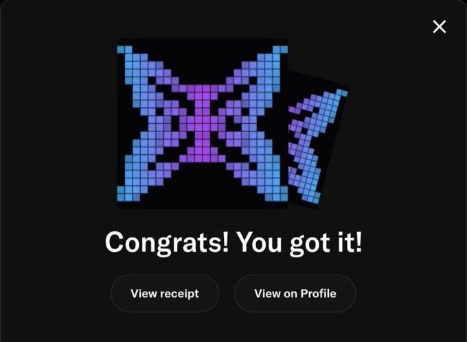 A screenshot showing a pixelated blue and purple 'X' pattern item with the text 'Congrats! You got it!' and buttons to 'View receipt' and 'View on Profile'.