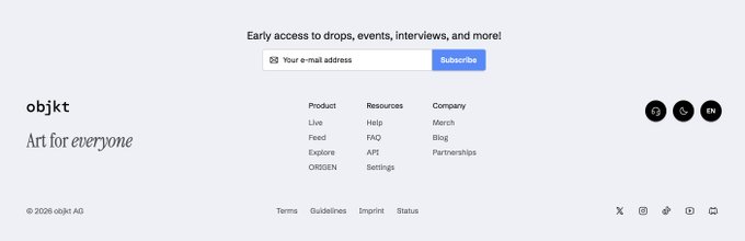 A footer section of the objkt website featuring the slogan 'Art for everyone' alongside newsletter subscription options, product links, company information, and language toggles.
