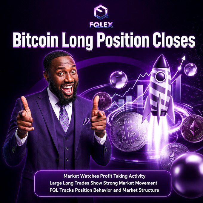 The image features a man wearing a suit, standing next to a rocket ship with a large coin on top of it. The man is pointing at the rocket while giving two thumbs up. The background of the image has purple elements that make the scene stand out. The caption below the image reads "FQL: Bitcoin Long Position Closes Major BTC Long Position Gets Closed FQL Tracks Position Behavior and Market Structure Or Bigger Bitcoin Direction Shift? FQL Exchange #वीजी #वीजी न्यारो की से दुखी अधिक्ते", which is a reference to the FQL exchange.