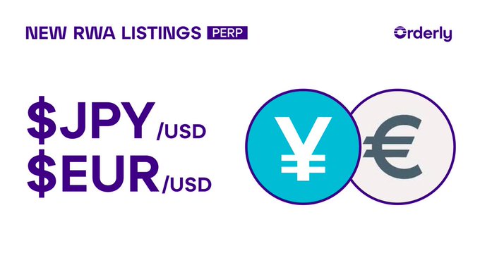 The image features a post that shows two different currency pairs, $JPY and EUR/USD, side by side with their respective exchange rates displayed below them. The text at the top of the image reads "New RWA Listings Perp", which could be an advertisement or promotion related to currency trading. The bottom part of the image includes information about how to trade these currencies using a platform called Orderly.