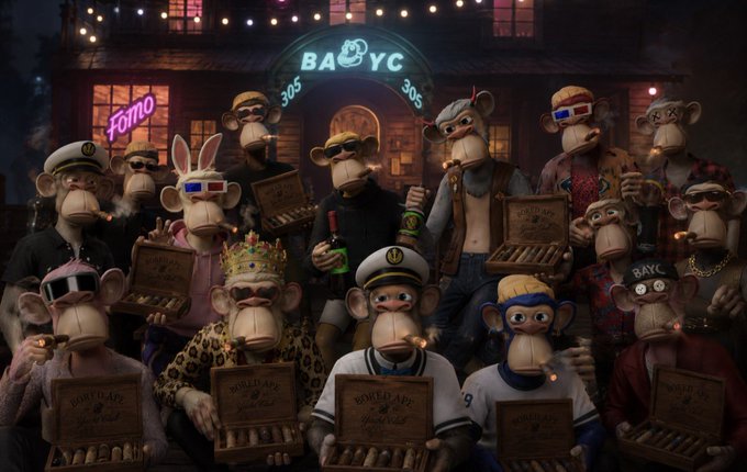 The image shows a large group of animated characters wearing masks, holding boxes, and posing for photos with fake money. Among them, there are several monkeys who seem to be smoking fake cigars. The setting appears to be an indoor space decorated with lights that create a festive atmosphere. A neon sign is visible in the background behind the monkey figurines, which possibly has an association with "BAYC 3055".