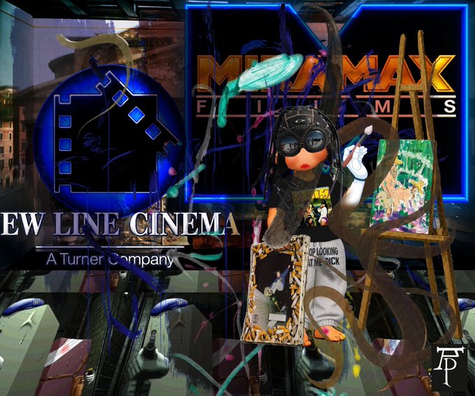 An artistic collage featuring a Blythe-style doll with dark hair and glasses against a backdrop of 'MAD MAX FURY ROAD' and 'NEW LINE CINEMA - A Turner Company' logos, with paint splatters and an easel.