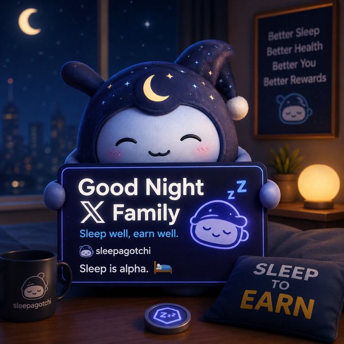 The image features a cute stuffed animal wearing a hat with stars on it, holding up a sign that says "Good Night X Family" and has a sleep-related message below it. The background of the image shows a city skyline at night, creating an urban atmosphere around the scene. There are also two cups in the image - one is black and appears to be coffee, while the other is yellow and seems to be tea.