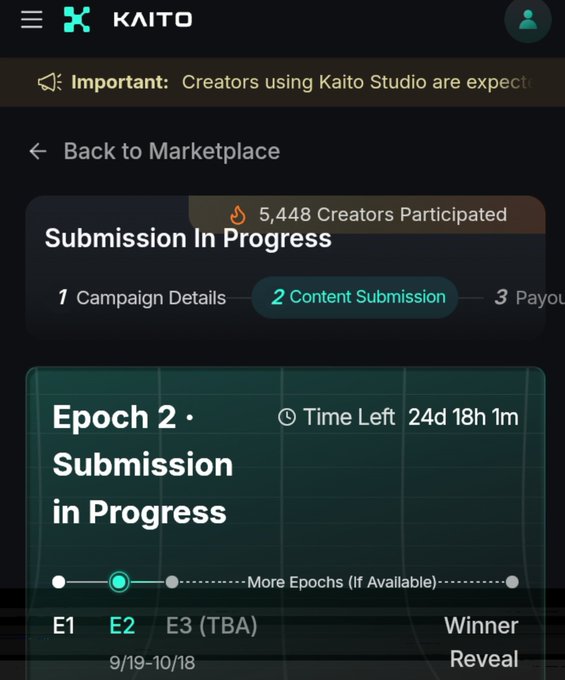 Screenshot of the KAITO platform showing 'Submission In Progress' for a campaign with 5,448 creators participated, currently on Epoch 2 with 24d 18h 1m time left.