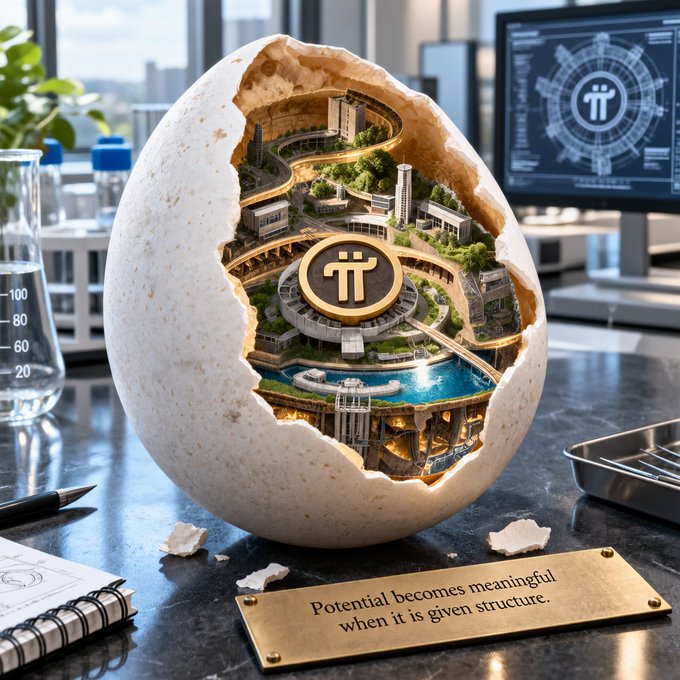 A cracked egg on a lab bench reveals a miniature cityscape with a central Pi coin emblem, accompanied by a brass plaque reading 'Potential becomes meaningful when it is given structure.'
