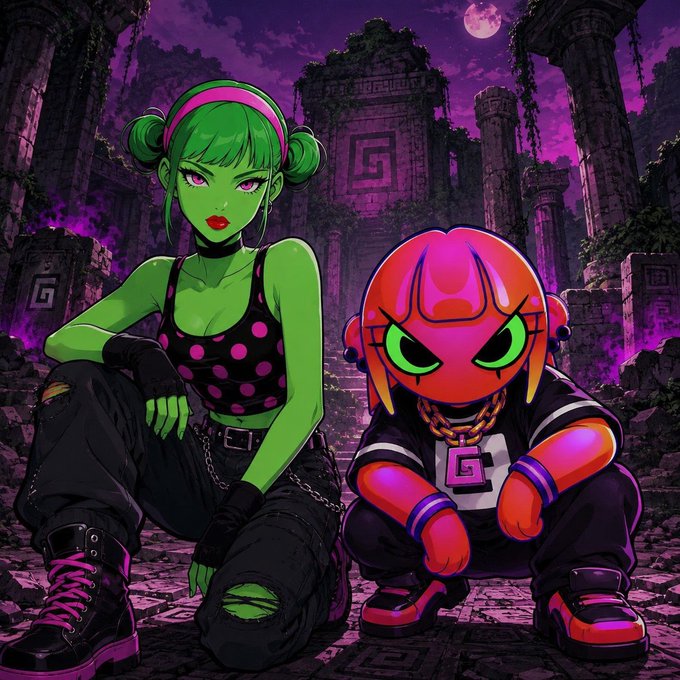 An illustrated artwork of a green-skinned female character with pigtails alongside a red-headed hooded character wearing a 'G' chain, posing in front of ancient purple ruins under a full moon.
