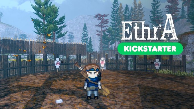 Promotional image for "EthrA" Kickstarter featuring a pixel art character in medieval/fantasy attire holding weapons in a fenced training ground with archery targets.