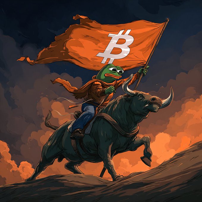 The image depicts a Pepe the Frog character riding a charging black bull while triumphantly waving an orange flag emblazoned with the Bitcoin "₿" symbol, set against a dramatic cloudy sky. The artwork visually reinforces the post's bullish sentiment about Bitcoin's price at $77,200, with Pepe (a popular crypto meme figure) symbolizing the triumphant spirit of the market rally.