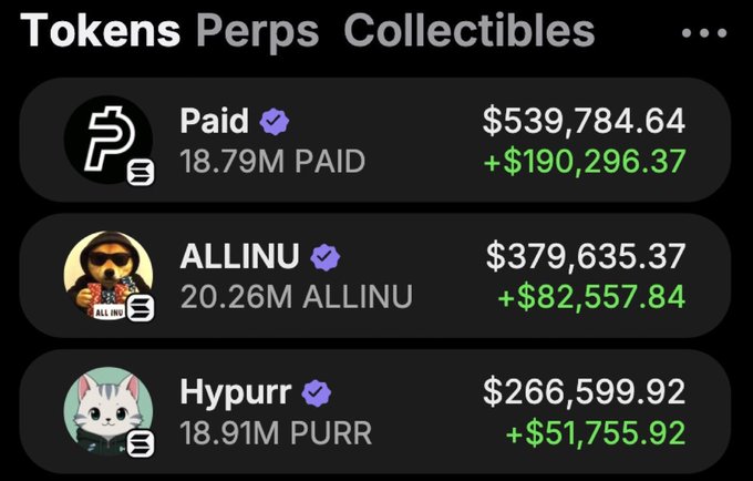 A screenshot of a crypto/collectibles app showing 'Tokens Perps Collectibles' with entries for 'Paid' ($539,784.64), 'ALLINU' ($379,635.37), and 'Hypurr' ($266,599.92), each displaying positive gains in green.