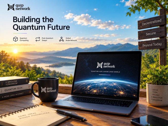 A promotional banner for "Quip Network" featuring the tagline "Building the Quantum Future" with features like Quantum Computing, Post-Quantum Swaps, and Global Node Network, alongside a laptop displaying the logo and a coffee mug, books, and a plant on a desk.