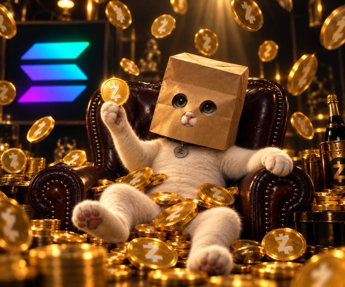 A fluffy white cat lounges in a leather armchair with a paper bag over its head, surrounded by piles of gold coins marked with the "Z" symbol. The Solana logo is displayed in the background, with the meme tying the "Zip" ($ZCAT) ticker to the whimsical scene of a cat wearing a bag — "bag cat" — sitting on its gold pile.