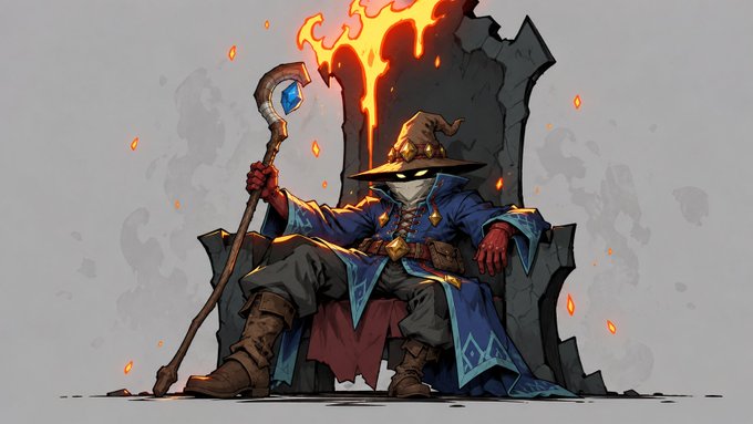 A digital illustration depicts a wizard with a glowing blue staff and face mask, seated on a stone throne surrounded by flames.