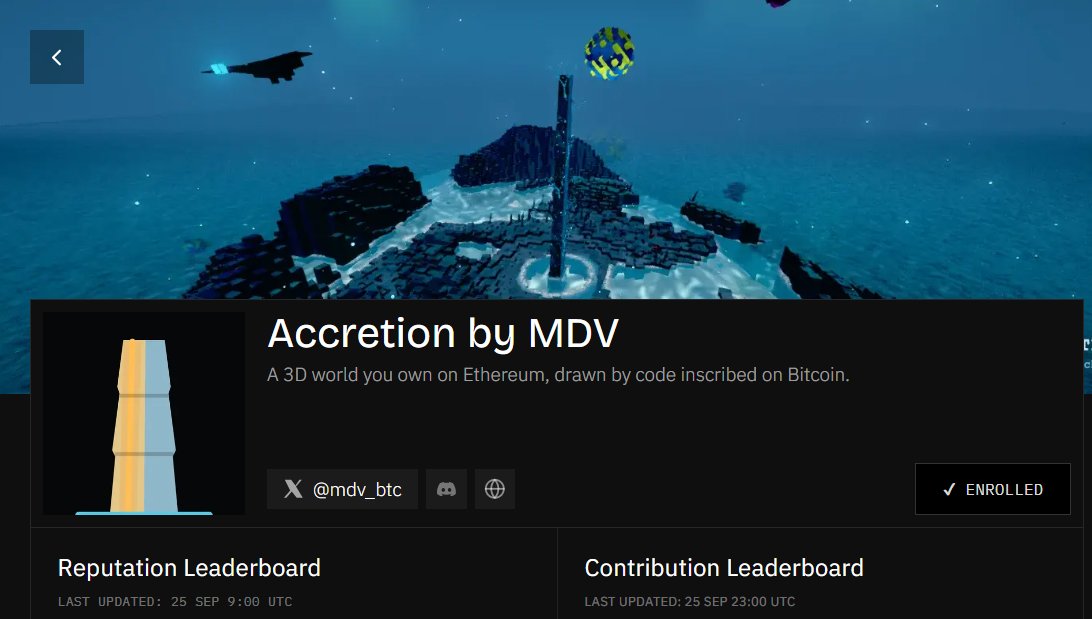 A webpage titled 'Accretion by MDV' featuring a 3D voxel-style scene with a tower on water, described as 'A 3D world you own on Ethereum, drawn by code inscribed on Bitcoin,' with X handle @mdv_btc and an 'ENROLLED' status.
